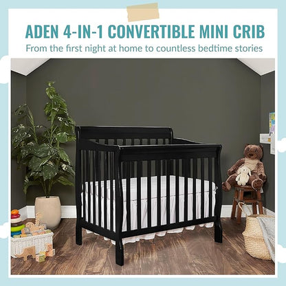 Aden 4-in-1 Convertible Mini Crib In Black, Greenguard Gold Certified, Non-Toxic Finish, New Zealand Pinewood, With 3 Mattress Height Settings - LeafyLoom