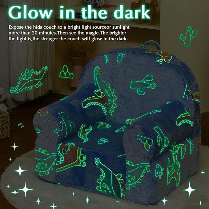 Toddler Chair Kids Plush Chair Kids Sofa Sherpa Kids Chairs, Toddler Couch Bean Bag Chairs for Kids Gaming Chair for Kids Glow in The Dark, Dinosaur - LeafyLoom