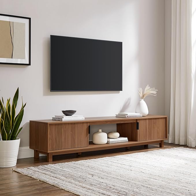 Walker Edison Walton Modern Fluted-Door Low Stand for TVs up to 80 Inches, 70 x 15.75 x 16 inches, Mocha - LeafyLoom