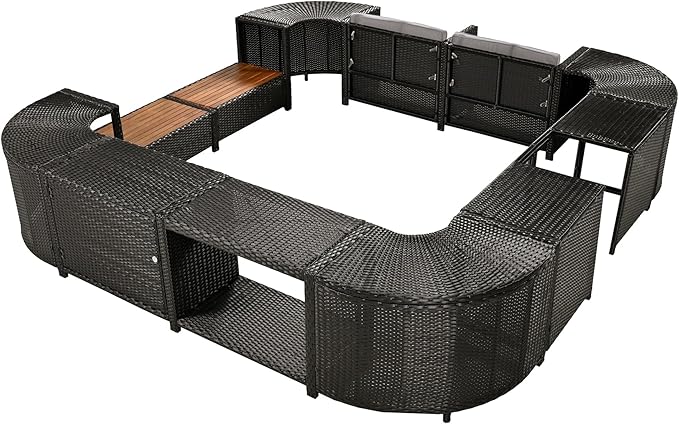 Outdoor Patio Furniture Set Spa Surround Quadrilateral Sofa with Wood Seatings, Rattan Sectional Couch w/Storage Space and Waterproof Cushions, for Yard Pool Backyard, Grey - LeafyLoom