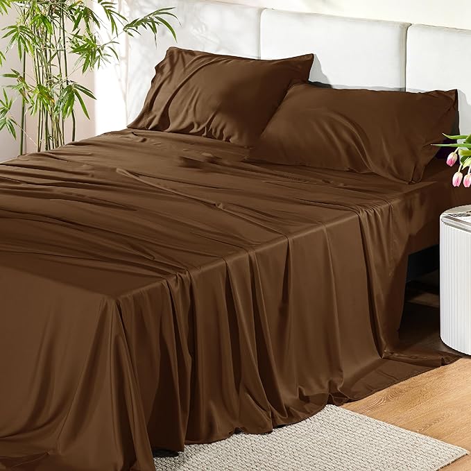 Bedsure Full Size Sheets, Cooling Sheets Full, Rayon Derived from Bamboo, Deep Pocket Up to 16", Breathable & Soft Bed Sheets, Hotel Luxury Silky Bedding Sheets & Pillowcases, Brown - LeafyLoom