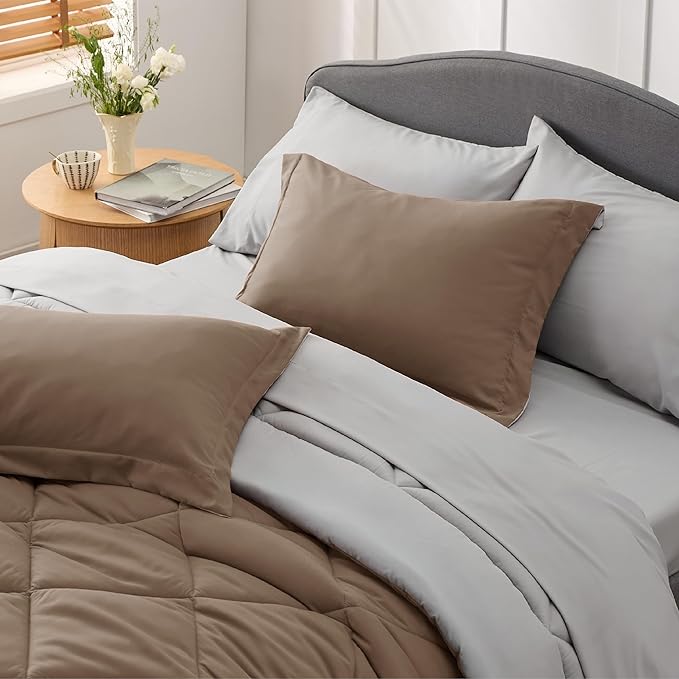 Bedsure Brown Full Size Comforter Set - 7 Pieces Reversible Full Bed in a Bag, Full Bed Set Brown and Grey with Comforters, Sheets, Pillowcases & Shams - LeafyLoom