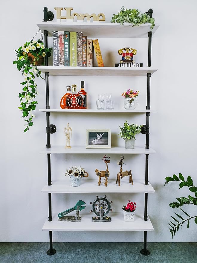 6 Tier Industrial Ladder Shelf Bookcase, Wall Mounted Rustic Bookshelf for Living Room Decor and Storage (White, 6 Tier - 10" D x 36" W x 82.5" H) - LeafyLoom