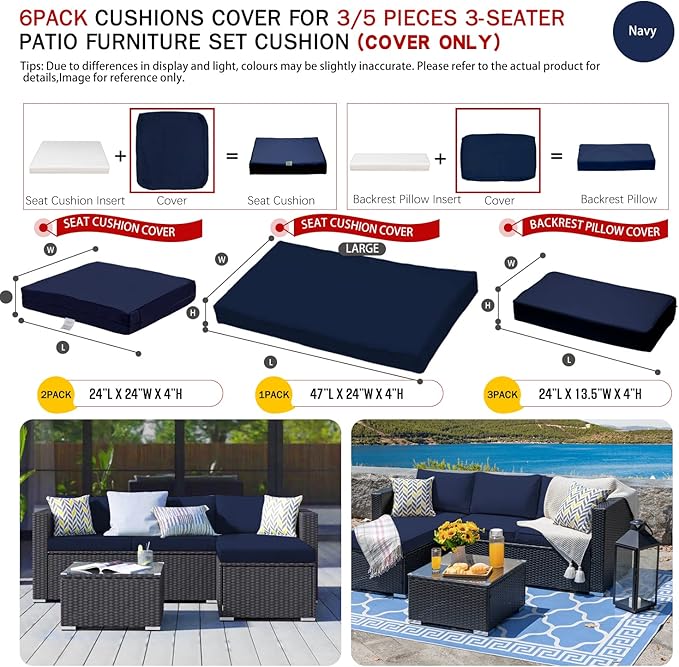 ClawsCover 6Pack Outdoor Seat and Back Cushions Replacement Covers Fit for 3 Pieces 3-Seater Wicker Rattan Patio Furniture Conversation Set Sectional Couch Chair,Navy-Include Cover Only - LeafyLoom