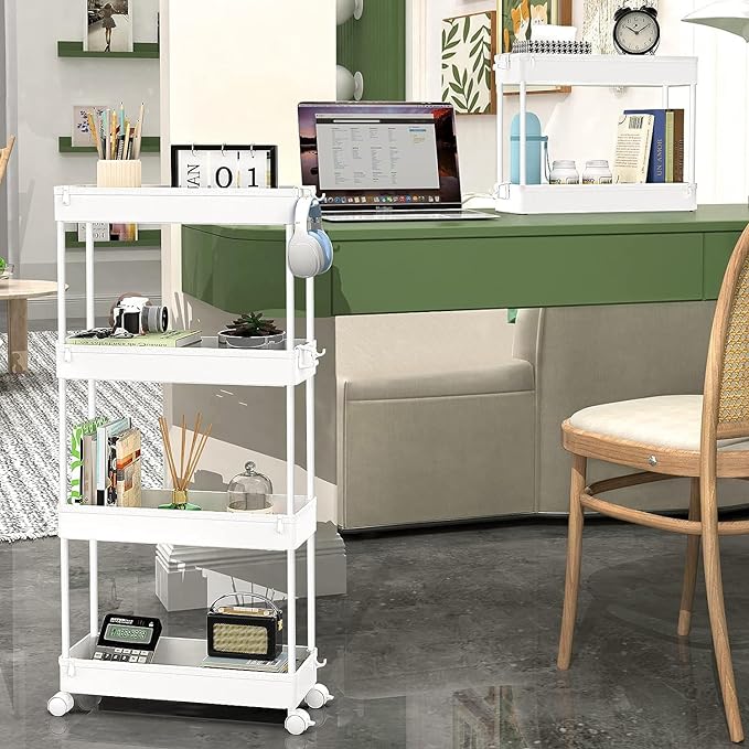 SPACEKEEPER Slim Rolling Storage Cart 4 Tier Bathroom Organizer Mobile Shelving Unit Utility Cart Tower Rack for Kitchen Laundry Narrow Places, White - LeafyLoom