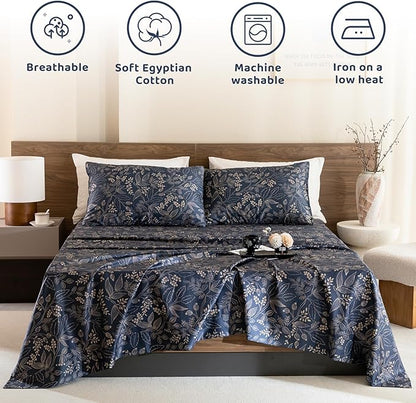 QSH Floral Egyptian Cotton Sheets Queen Size - Elegant Navy Botanical Pattern Printed Bedding Sheets Queen Size Bed Extra Soft and Breathable 4pcs Deep Pockets Bed Sheets - LeafyLoom