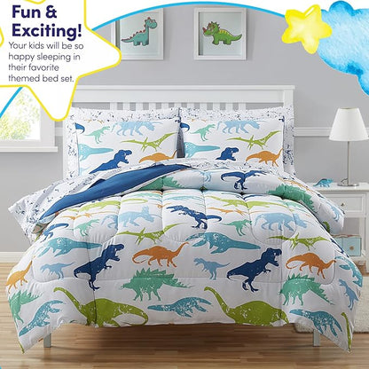 Kids Bedding Set Bed in a Bag for Boys and Girls Toddlers Printed Sheet Set and Comforter , Full, Dinosaur - LeafyLoom