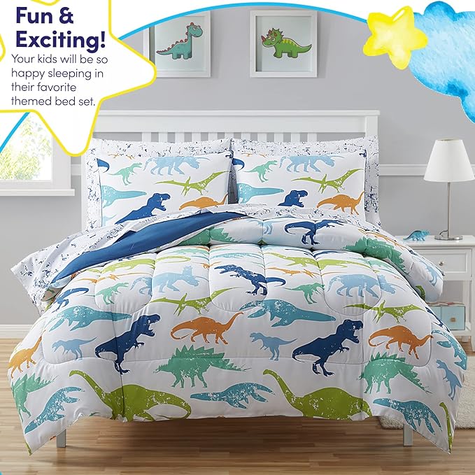 Kids Bedding Set Bed in a Bag for Boys and Girls Toddlers Printed Sheet Set and Comforter , Twin, Dinosaur - LeafyLoom