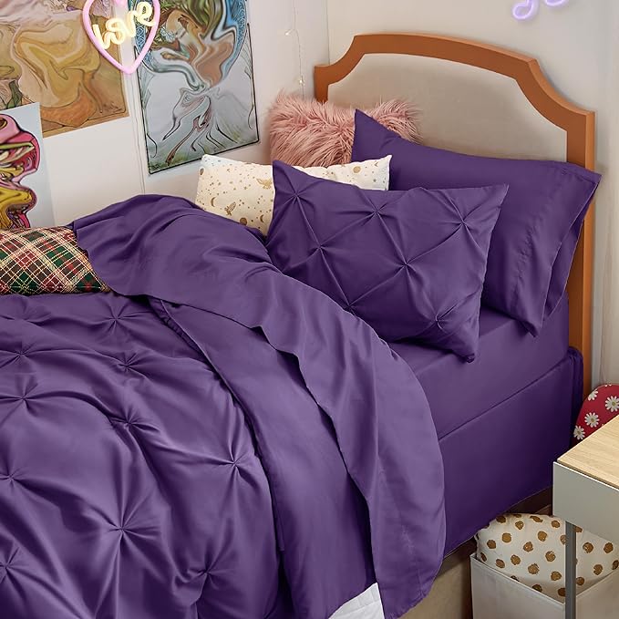 Bedsure Twin Size Comforter Set 5 Pieces - Pintuck Twin Bedding Set, Pinch Pleat Purple Twin Size Bed in a Bag with Comforter, Sheets, Pillowcase & Sham - LeafyLoom