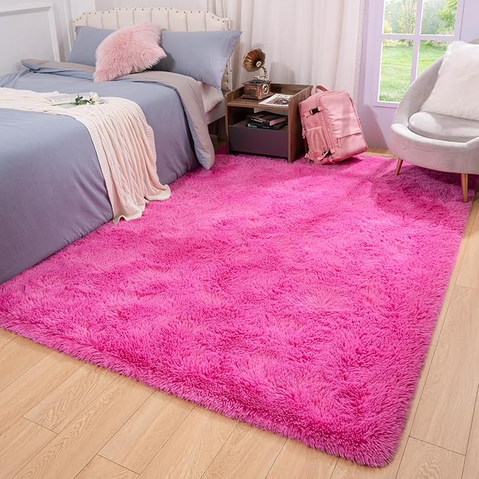 Softlife Ultra Soft Fluffy Area Rugs for Bedroom, Girls and Boys Room Kids Room Nursery Rug, 4 x 5.3 Feet Shaggy Fur Indoor Plush Modern Floor Carpet for Living Room Christmas Decor, Hot Pink - LeafyLoom