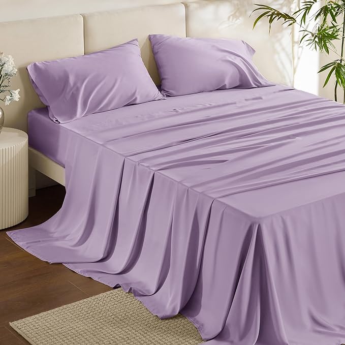 Bedsure Full Size Sheets, Cooling Sheets Full, Rayon Derived from Bamboo, Deep Pocket Up to 16", Breathable & Soft Bed Sheets, Hotel Luxury Silky Bedding Sheets & Pillowcases, Lilac - LeafyLoom