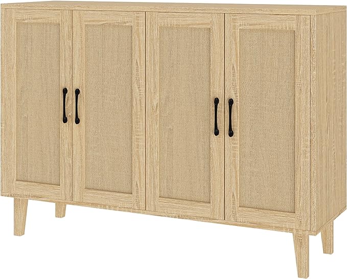 Panana Buffet Storage Cabinet with Rattan Decorating 4 Doors Living Room Kitchen Sideboard 48.43 x 34.65 x 15 inch (Natural Wood) - LeafyLoom