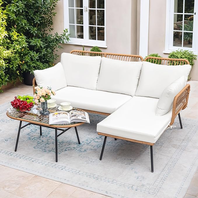 Greesum Outdoor Rope Woven Patio Furniture L-Shaped Conversation Sectional Sofa Set Detachable Lounger for Backyard Porch with Thick Cushions & Long Table, White - LeafyLoom