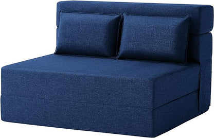 Convertible Folding Sofa Bed - Sleeper Chair with Pillow, Modern Linen Fabric Floor & Futon Couch, Foldable Mattress for Living Room/Dorm/Guest/Home Office/Apartment,Standard Size, Navy Blue - LeafyLoom