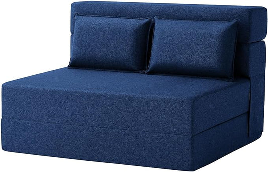 Convertible Folding Sofa Bed - Sleeper Chair with Pillow, Modern Linen Fabric Floor & Futon Couch, Foldable Mattress for Living Room/Dorm/Guest/Home Office/Apartment,Standard Size, Navy Blue - LeafyLoom