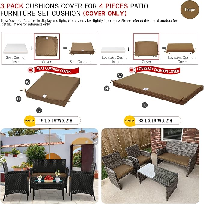 ClawsCover 3Pack Outdoor Seat Cushions Replacement Covers Fit for 4 Pieces Wicker Rattan Furniture Patio Conversation Set Loveseat Chair,38x19x2,19x19x2,Taupe-Large (Include Cover Only) - LeafyLoom