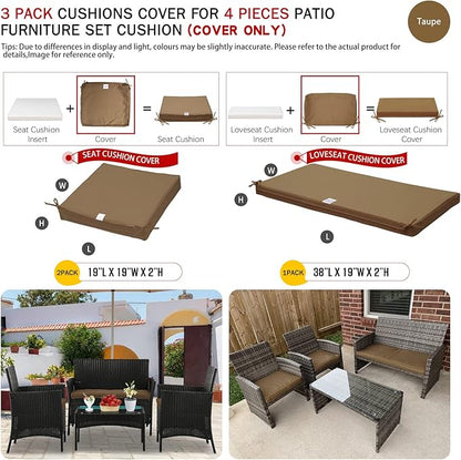 ClawsCover 3Pack Outdoor Seat Cushions Replacement Covers Fit for 4 Pieces Wicker Rattan Furniture Patio Conversation Set Loveseat Chair,38x19x2,19x19x2,Taupe-Large (Include Cover Only) - LeafyLoom