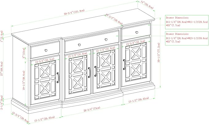 Walker Edison Ronne 4 Door-Sideboard with Fretwork Detail, 60 Inch, White - LeafyLoom