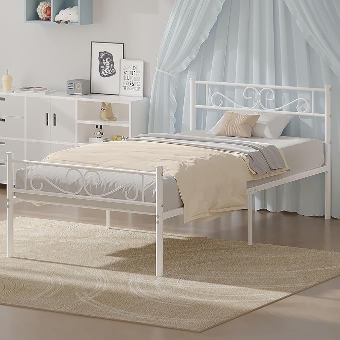 VECELO Twin Size Bed Frame with Headboard, 14 Inch Metal Platform Mattress Foundation, No Boxing Spring Needed, Squeak Resistant, Easy Assembly, White - LeafyLoom