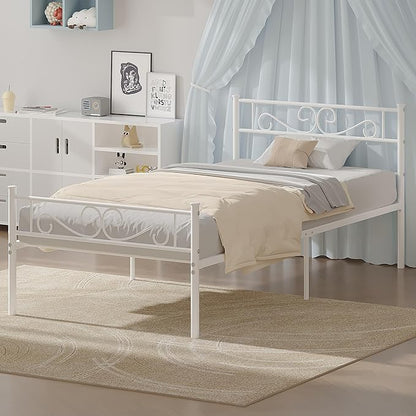 VECELO Twin Size Bed Frame with Headboard, 14 Inch Metal Platform Mattress Foundation, No Boxing Spring Needed, Squeak Resistant, Easy Assembly, White - LeafyLoom