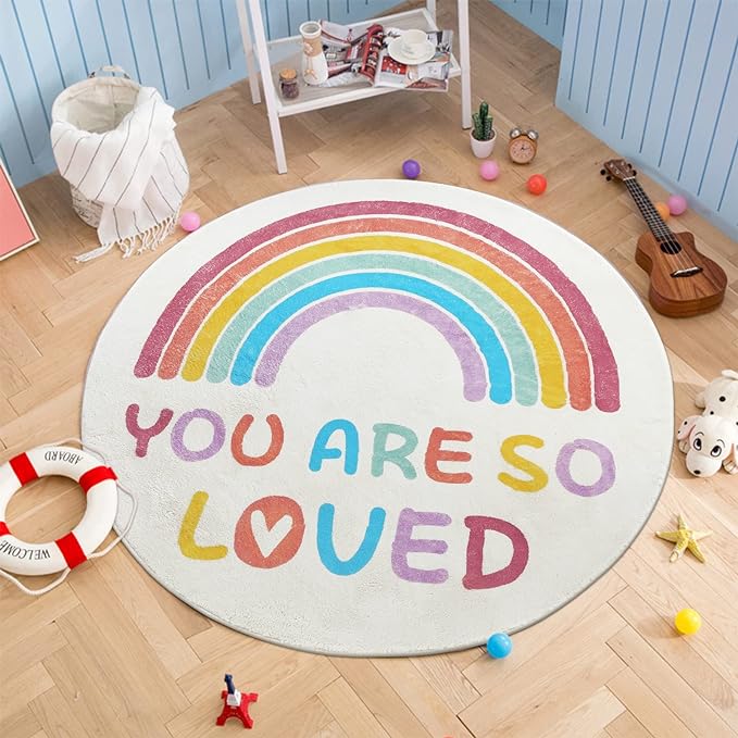 Topotdor Rainbow Round Rug for Girls Bedroom,Colorful Boho Decor Nursery Area Rug,Ultra Soft Machine Washable Kids Play Mat,63" Round - LeafyLoom