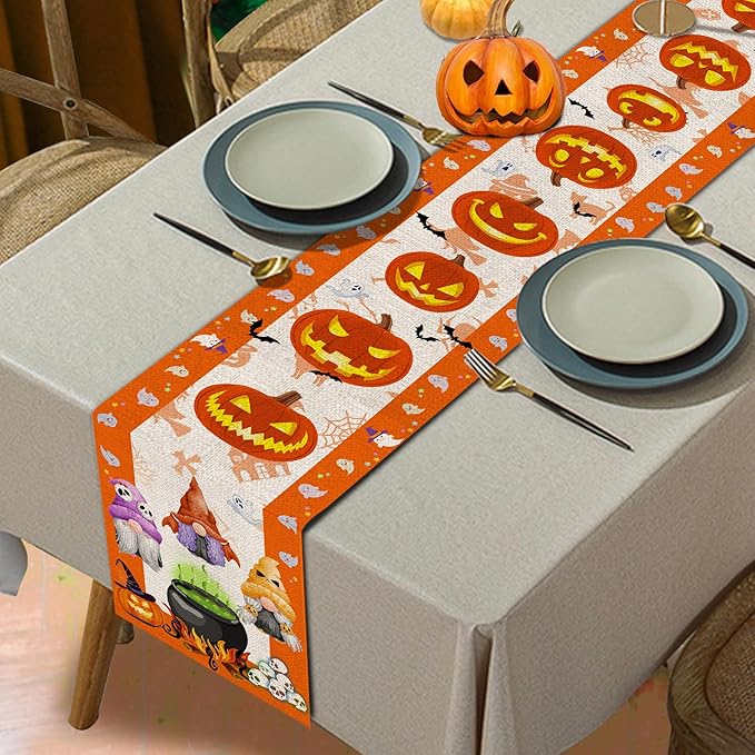 Halloween Table Runner, Halloween Table Runner 108 Inches Long, Halloween Gnomes Pumpkins Runners for Table, Black Cat Trick or Treat Decor Extra Long Burlap Runner Rug for Decorations Dining Room Unibyby