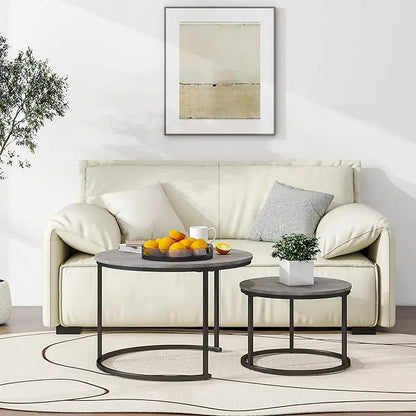 Nesting Round Coffee Table Set of 2 End Tables for Living Room,Grey Coffee Table Wooden Accent Furniture with Metal Frame,Stacking Side Tables,Black+Warm Grey - LeafyLoom