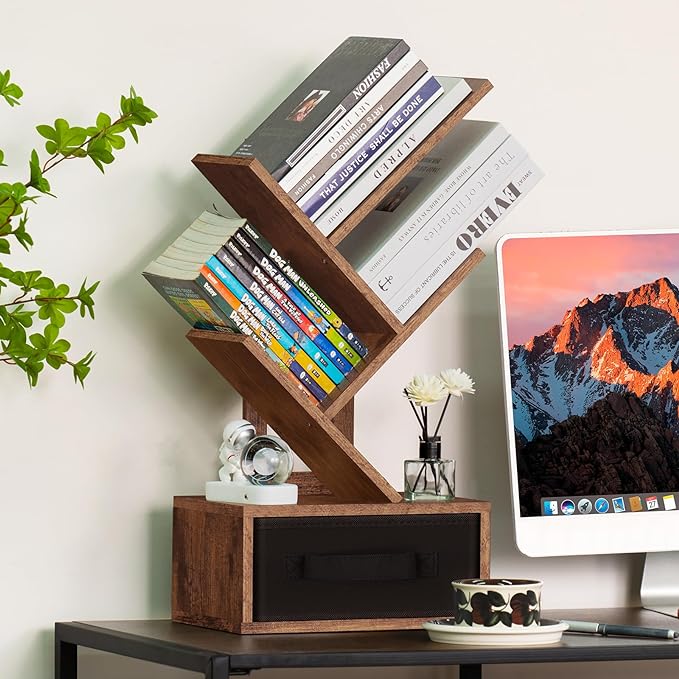 Small Bookshelf with Drawer,4 Tier Tree Book Shelf,Wood Desk Bookshelves,Modern Free Standing Desktop Display Shelves,Brown Floor Standing Organizer Bookcase for Living Room,Bedroom,Office - LeafyLoom