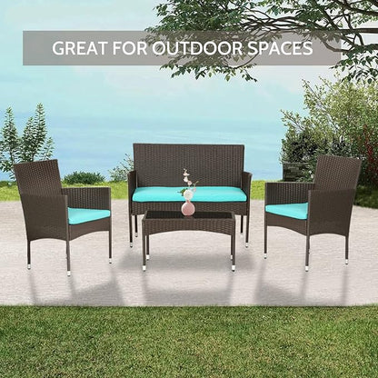 FDW 4 Pieces Patio Furniture Set Wicker Patio Conversation Set with Rattan Chair Loveseats Coffee Table for Outdoor Indoor Garden Backyard Porch Poolside Balcony,Brown Wicker/Blue Cushions - LeafyLoom