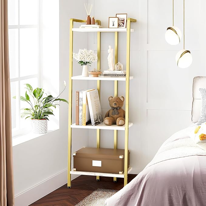 GAOMON 4 Tier Ladder Shelf, Free Standing Gold Book Shelf, Flower Stand Plant Rack, Storage Organizer Unit, Ladder Shelf for Living Room,Home Office,Balcony,Kitchen,Bathroom - LeafyLoom