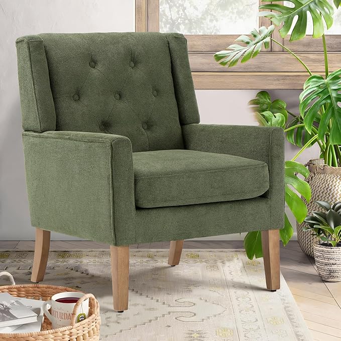 COLAMY Mid-Century Accent Chairs, Modern Wingback Living Room Chair, Upholstered Armchair with Button Tufted Back and Wood Legs for Bedroom/Office/Reading Spaces, Green - LeafyLoom