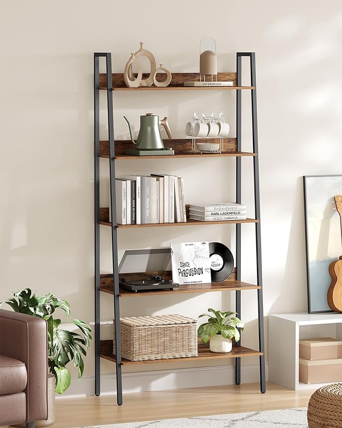 VASAGLE Bookshelf, 5-Tier Bookcase, Ladder Shelf for Home Office, Living Room, Bedroom, Kitchen, Rustic Brown and Ink Black ULLS129B01 - LeafyLoom