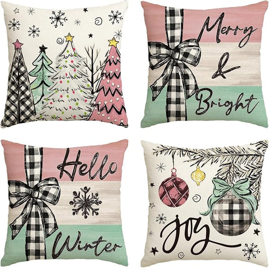 AVOIN colorlife Merry Christmas Joy Xmas Trees Colorful Throw Pillow Covers, 18 x 18 Inch Christmas Winter Holiday Cushion Case Decoration for Sofa Couch Set of 4 AVOINcolorlife