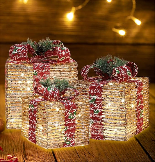 [Ultra-Large 15.5"x13.5"x11" Christmas Set of 3 Lighted Rattan Gift Boxes Decorations Pre-lit 91 Super-Bright LED with Flashers,for Indoor Outdoor Pathway Holiday Party Home(Warm White) GLOWNOVA