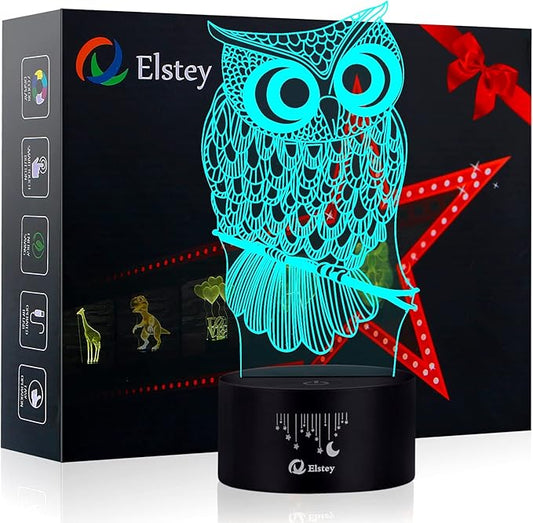 Elstey Owl 3D Illusion Lamp, 7 Color Changing Touch Table Desk LED Night Light Great Kids Gifts Home Decoration - LeafyLoom