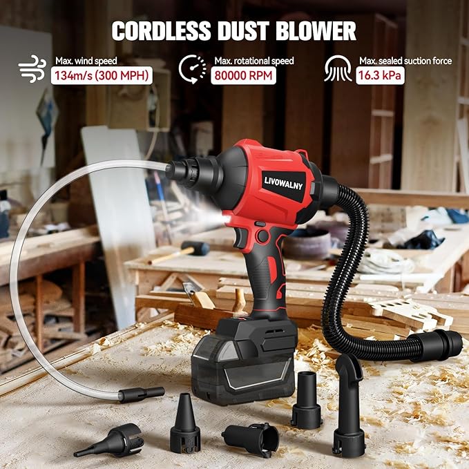 Cordless Dust Blower for Milwaukee m18 Battery, LIVOWALNY Leaf Blower Brushless Handheld Air Blower Sawdust Blower 447 MPH/39 CFM for Sawmill Room, Workshop Cleaning, Home Improvement (No Battery) - LeafyLoom