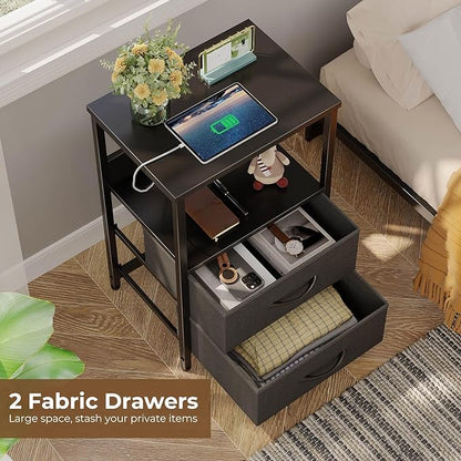 Seventable Nightstand with Charging Station, Bedside table with LED Lights, Night stand with 2 Fabric Drawers, 3-Tier Storage End Table for Bedroom, Black - LeafyLoom