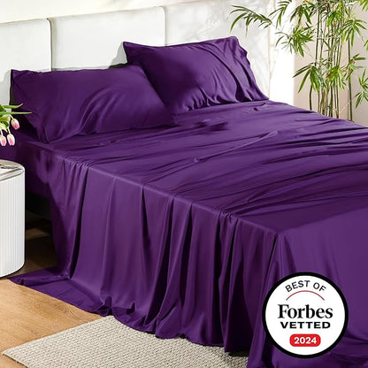 Bedsure Full Size Sheets, Cooling Sheets Full, Rayon Derived from Bamboo, Deep Pocket Up to 16", Breathable & Soft Bed Sheets, Hotel Luxury Silky Bedding Sheets & Pillowcases, Plum - LeafyLoom