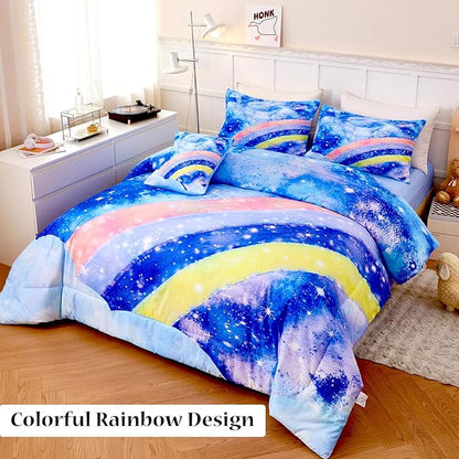 6Pcs Rainbow Bluey Girls Comforter Set Twin Gradient Glitter Bedding Sets Tie Dye Blue Girl Bed Set Soft Galaxy Kids Bed in A Bag with Sheets for All Season - LeafyLoom