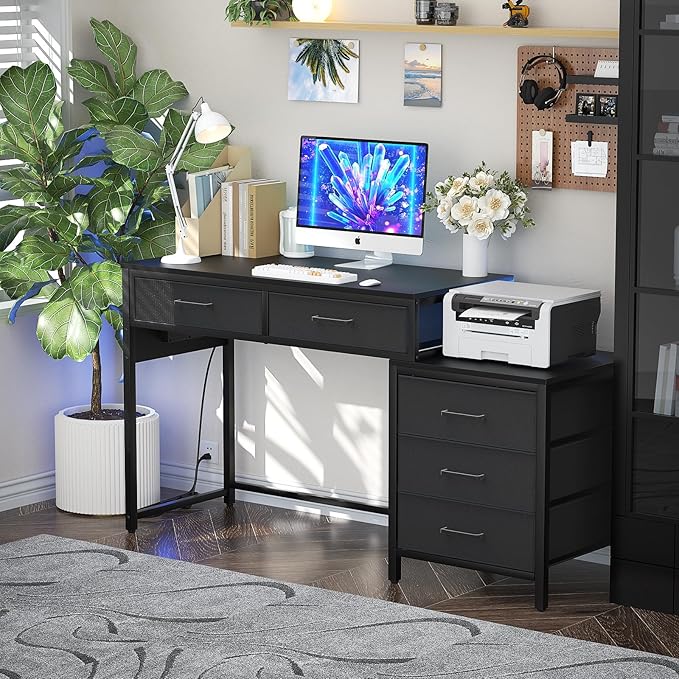 Computer Desk with 5 Drawers, Reversible Office Desk with Power Outlets and USB Charging Ports, Sturdy Writing Table with File Cabinet and Printer Stand, Laptop Desk for Small Spaces, Black - LeafyLoom