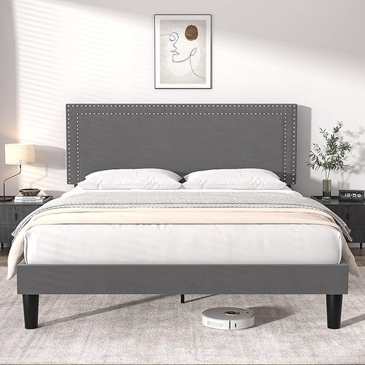 VECELO Full Size Platform Bed Frame with Height Adjustable Upholstered Headboard, Modern Mattress Foundation,Strong Wood Slat Support, No Box Spring Needed, Easy Assembly - LeafyLoom