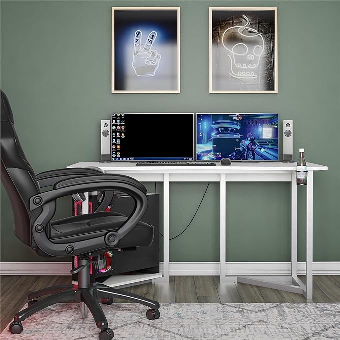 Quest Gaming Desk with CPU Stand, White - LeafyLoom