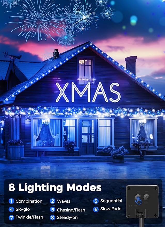 Minetom Solar Christmas Lights Outdoor Waterproof, 40FT 100 LED Solar Lights with 8 Modes, Solar Christmas Outdoor Decoration, Solar String Lights for Outside House Tree Party Yard, Blue& Pure White Minetom