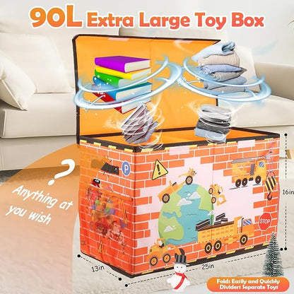 Large Toy Box Chest, Collapsible Sturdy Toy Storage Organizer for Kids, Boys, Girls, 25"x13"x16" Toy Chest Storage Bins with Lids Toy Bins Baskets Boxes for Living Room, Playroom, Nursery, Orange - LeafyLoom