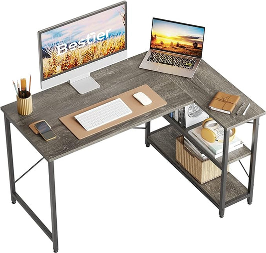 Bestier Small L Shaped Desk with Storage Shelves 47 Inch Corner Computer Desk Writing Study Table for Home Office Small Space, Gray - LeafyLoom