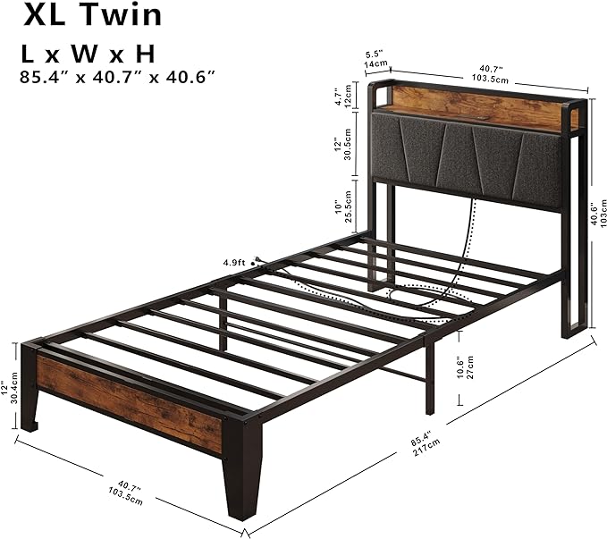 LIKIMIO Twin XL Bed Frames, Storage Headboard with Charging Station, Solid and Stable, Noise Free, No Box Spring Needed, Easy Assembly - LeafyLoom