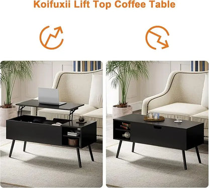 Coffee Table Lift Top - Black Coffee Table with Lifting Top and Hide Compartment Storage - Rectangle Coffee Table Wood - Lift up Coffee Tables for Living Room - LeafyLoom