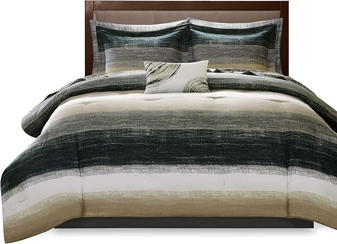 Madison Park Essentials King Comforter Set, Bed in a Bag King, Watercolor Print Coastal Comforter & Chambray Cotton Sheet Set, All Season Bedding Set, Saben, Taupe King (104 in x 92 in) 9 Piece - LeafyLoom