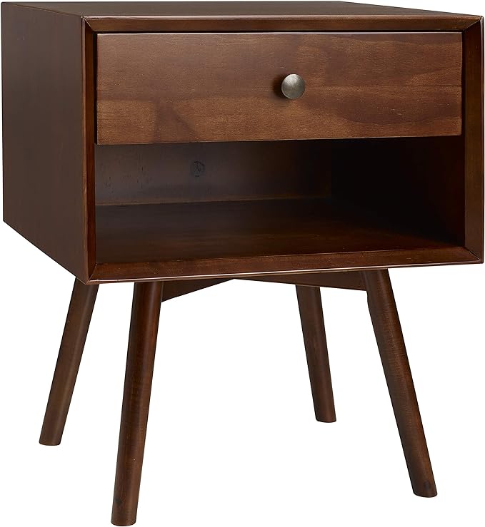 Walker Edison Mid Century Modern Wood Nightstand Side Table Bedroom Storage Drawer and Shelf Bedside End Table, 1 Drawer, Walnut - LeafyLoom