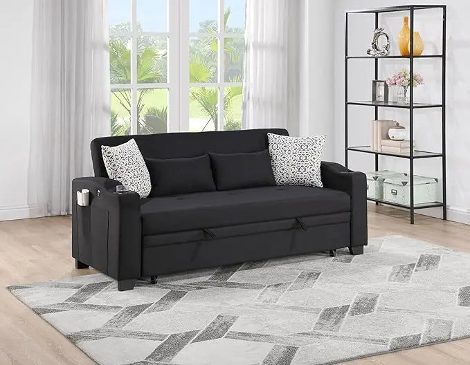 3 in 1 Oversized Convertible Sleeper Loveseat Sofa Pull Out Couch Bed Lounge Chaise with USB Charger and Cupholders for Living Room Office, Black 71" - LeafyLoom